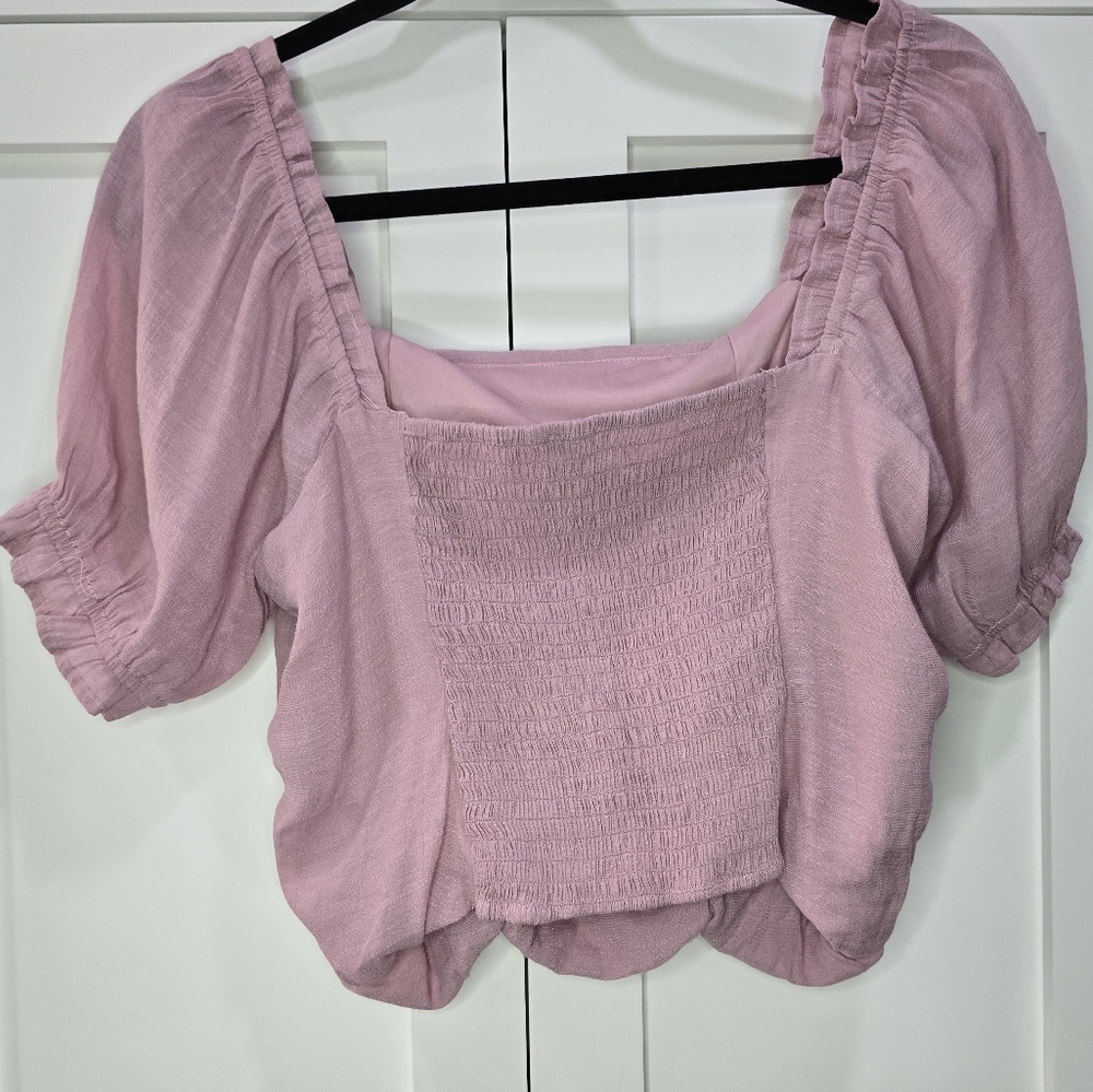 Love Tree Pink Ruched Puff Sleeve Blouse – Size L - Picture 8 of 10